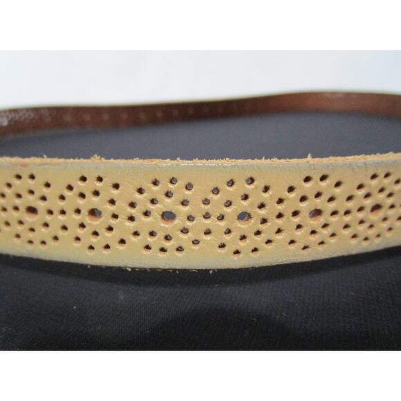 J Crew Beige Tan Perforated Leather Brass Buckle Belt Women Sz L, 34"-38" - Picture 7 of 9